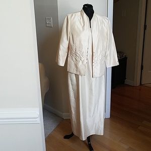 2 pcs beige jacket w/faux pearls and dress.